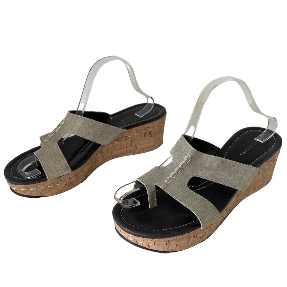 Donald Pliner Shelee2 Metallic Silver Cork Wedge Sandals Size 10 Leather Suede